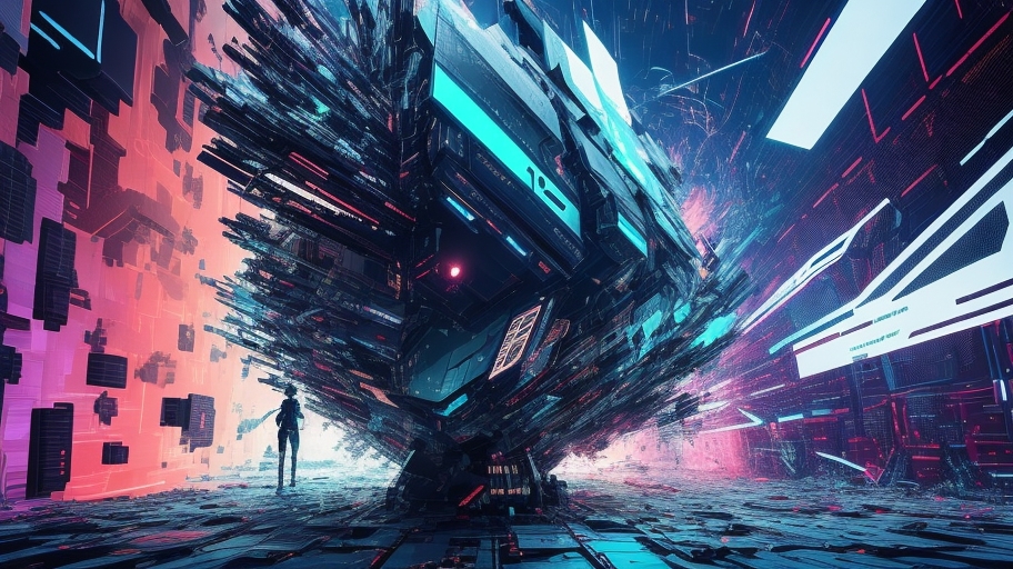 A creative interpretation of a cyber attack, with abstract visuals and glitch effects to convey the chaos and danger of a security breach.