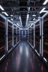 Cinematic image of a bustling data center server room, with rows of servers humming and blinking.