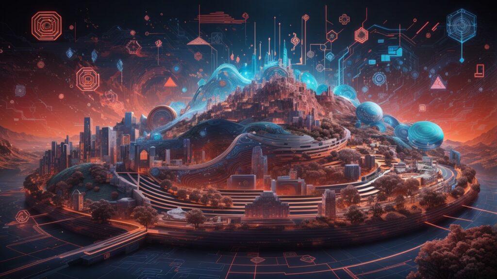 A visually stunning rendering of a digital landscape, with intricate patterns and symbols representing different types of cybersecurity risks.